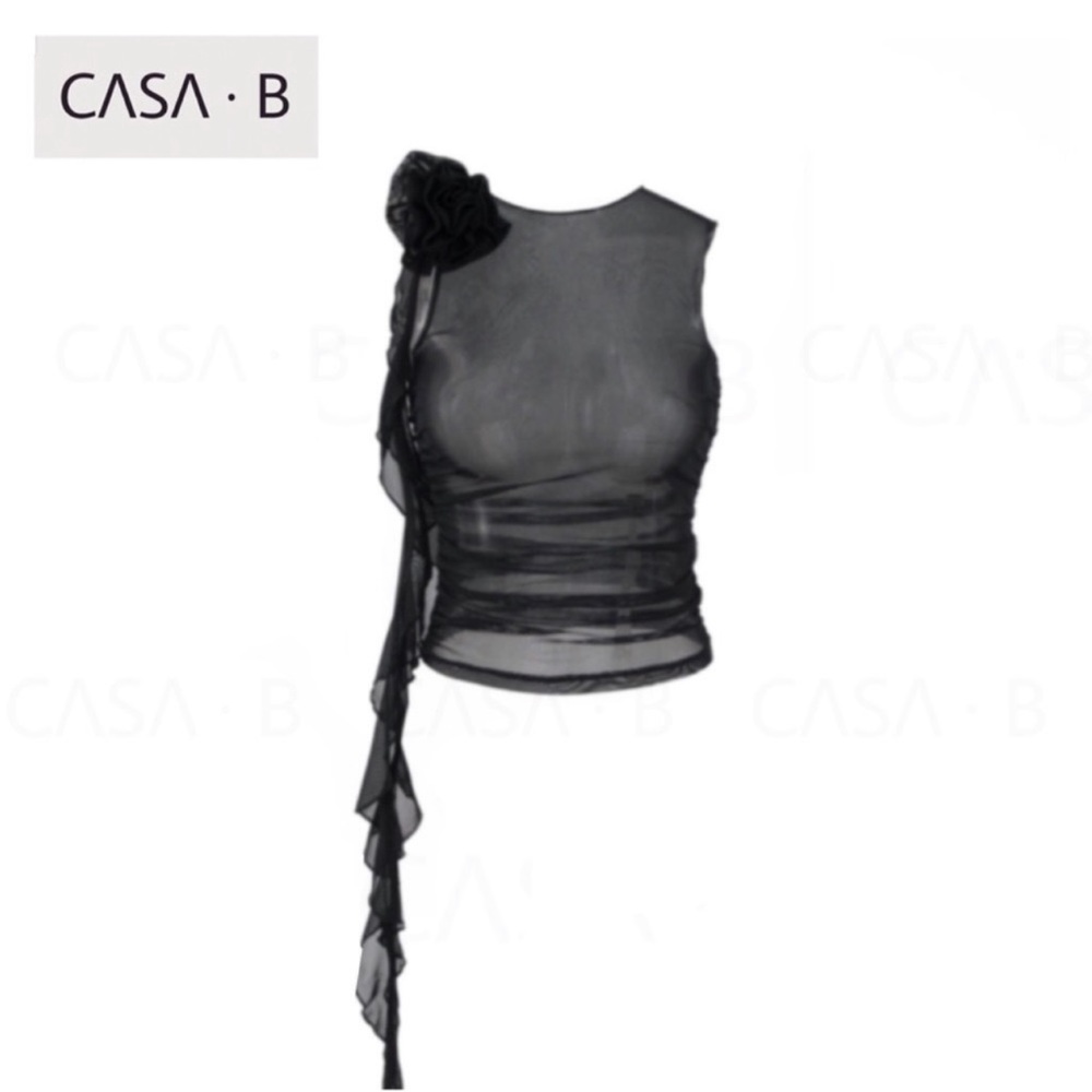 5⭐️CASA B| Florencia Sheer Tulle Flower Appliqué Crop Blouse top - Picture 2 of 9